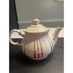 Vintage Sadler Teapot White w Gold Vertical Stripes England 3688